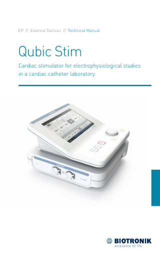 399159--D_GA_QubicStim_en.fm Page 1 Thursday, June 15, 2017 4:46 PM  Table of Contents  1  Table of Contents Table of Contents  Introduction...2 About the Device...2 About this Technical Manual...3 Safety during Use...4 Required Expertise...4 Contraindications...4 Electromagnetic Interference...5 General Safety Information...6 Operating Conditions...8 Maintenance, Care and Disposal...10 Device Handling...13 Device Overview...13 Setting up the Device...18 Connections and Cables...19 Switching On and Off...24 Using the Software...25 Interface Concept...25 PES View...28 High-Rate View...37 SNRT View...39 Settings View...41 Appendix...45 Technical Data...45 Parameter Values...48 System Notifications...50 Accessories...53 Electromagnetic Compatibility According to  EN 60601-1-2:2007...54 Legend for the Label...59 Directories...60 Index...60  399159--D  