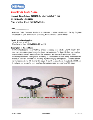 Liko MultiRall 200 Strap Gripper Urgent Field Safety Notice May 2020