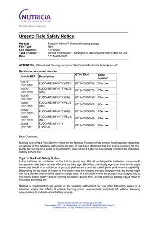 Flocare Infinity II Pumps Urgent Field Safety Notice March 2021