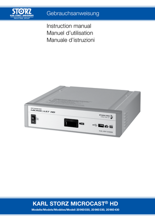 1 Allgemeines... 6 1.1 Wichtige Hinweise... 6 1.2 Anwendungsgebiete... 6 1.3	Allgemeine Beschreibung... 6 1.4 Warn- und Vorsichtshinweise... 8 2 Produktbeschreibung... 12 2.1 Abbildung MICROCAST® HD Pro-Lite... 12 2.2	Abbildung MICROCAST® HD Studio™ CCU... 14 2.3	Abbildung MICROCAST® HD Studio Pro DV™ CCU... 16 2.4	Abbildung HDXS Kamerakopf... 18 2.5 Verwendete Symbole... 20 3	Sicherheitshinweise... 24 3.1	Sicherheitsmaßnahmen am Aufstellort... 24 3.2	Sicherheitsmaßnahmen beim Betrieb des Geräts (elektromagnetische Verträglichkeit)... 24 4 Installation... 26 4.1	Auspacken des MICROCAST® HDSystems... 26 4.2	Anschließen des MICROCAST® HD an Peripheriegeräte... 28 4.3	Anschließen und Trennen des abnehmbaren Kamerakopfkabels... 30 4.4	Anschließen des Kamerakopfes an ein Mikroskop ... 32 4.5	Anschließen des Kamerakopfes... 34 Bedienungshinweise... 36 5 5.1 Grundlagen des Ziffernblocks... 36 5.2 Menügrundlagen... 38 5.3 Beschreibung der Kamerafunktionen... 40 5.4 Weißabgleich... 42 5.5 Manueller Weißabgleich... 42 5.6 Belichtungssteuerung (auch automatisch)... 42 5.7	Standbild- und Videoaufnahme... 44 5.8 Benutzermenü... 56 6 Individuelle Kameraeinstellung... 58 6.1	Optionen zur individuellen Einstellung... 58  1	Table of contents  1	Table des matières  1 General information... 6 1.1 Important user information... 6 1.2 Indication for use... 6 1.3 General description... 6 1.4 Warnings and cautions... 8 2 Product identification... 12 2.1	MICROCAST® HD Pro-Lite Diagram... 12 2.2	MICROCAST® HD Studio™ CCU Diagram... 14 2.3	MICROCAST® HD Studio Pro DV™ CCU diagram... 16 2.4	HDXS Camera Head Diagram... 18 2.5	Symbols employed... 20 3	Safety precautions... 24 3.1	Safety precautions at the site of installation... 24 3.2	Safety precautions when operating the equipment (electromagnetic compatibility)... 24 4 Installation... 26 4.1	Unpacking the MICROCAST® HD system... 26 4.2	Connecting the MICROCAST® HD to peripheral devices... 28 4.3	Connecting and disconnecting removable head cable... 30 4.4	Connecting the camera head to a microscope... 32 4.5 Connecting the camera head... 34  1 Généralités... 7 1.1 Remarques importantes... 7 1.2 Champs d’application... 7 1.3	Description générale... 7 1.4 Avertissements et consignes de sécurité... 9 2	Description du produit... 13 2.1 Illustration MICROCAST® HD Pro-Lite... 13 2.2 Illustration CCU du système MICROCAST® HD Studio™... 15 2.3 Illustration CCU du système MICROCAST® HD Studio Pro DV™... 17 2.4 Illustration tête de caméra HDXS... 19 2.5	Symboles utilisés... 21 Consignes de sécurité... 25 3 3.1	Mesures de sécurité sur le lieu d’installation... 25 3.2	Mesures de sécurité pour le fonctionnement de l’appareil (compatibilité électromagnétique)... 25 4 Installation... 27 4.1 Déballage du système MICROCAST® HD... 27 4.2	Raccordement du système MICROCAST® HD à des appareils périphériques... 29 4.3	Branchement et débranchement du câble de la tête de caméra amovible... 31 4.4	Raccordement de la tête de caméra à un microscope ... 33 4.5 Branchement de la tête de caméra... 35 5 Instructions de service... 37 5.1 Pavé numérique – Généralités... 37 5.2 Menus - Généralités... 39 5.3 Description des fonctions de la caméra... 41 5.4 Équilibrage de blancs... 43 5.5 Équilibrage manuel des blancs... 43 5.6 Commande d’exposition (également automatique)... 43 5.7 Capture d’image fixe et capture vidéo... 45 5.8 Menu Utilisateur... 57 6 Réglage personnalisé de la caméra... 59 6.1	Options pour le réglage personnalisé... 59  5	Operating instructions... 36 5.1	Keypad Basics... 36 5.2 Menu Basics... 38 5.3 Camera Functions Description... 40 5.4 White Balance... 42 5.5 Manual White Balance... 42 5.6	Exposure Control (including automatic)... 42 5.7	Still Image and Video Capture ... 44 5.8 User Menu... 56 Customizing the Camera... 58 Customizing options... 58 03/13  6 6.1  2  03/13  1 Inhaltsverzeichnis  1 Indice  Informazioni generali... 7 1 1.1 Indicazioni importanti... 7 1.2 Campi di applicazione... 7 1.3	Descrizione generale... 7 1.4 Avvertenze e precauzioni... 9 2	Descrizione del prodotto... 13 2.1 Illustrazione di MICROCAST® HD Pro-Lite... 13 2.2 Illustrazione di MICROCAST® HD Studio™ CCU... 15 2.3 Illustrazione di MICROCAST® HD Studio Pro DV™ CCU... 17 2.4 Illustrazione della testa della camera HDXS... 19 2.5	Simboli utilizzati... 21 Indicazioni di sicurezza... 25 3 3.1	Misure di sicurezza nel luogo di installazione... 25 3.2	Misure di sicurezza durante l’impiego dell’apparecchiatura (compatibilità elettromagnetica)... 25 4 Installazione... 27 4.1	Disimballaggio del sistema MICROCAST® HD... 27 4.2	Collegamento di MICROCAST® HD ad apparecchiature periferiche... 29 4.3	Collegamento e scollegamento del cavo amovibile della testa della camera... 31 4.4	Collegamento della testa della camera ad un microscopio ... 33 4.5 Collegamento della testa della camera... 35 5 Istruzioni d’uso... 37 5.1 Informazioni generali sul tastierino numerico... 37 5.2 Informazioni generali sui menu... 39 5.3 Descrizione delle funzioni della camera... 41 5.4 Bilanciamento del bianco... 43 5.5 Bilanciamento manuale del bianco... 43 5.6 Controllo dell’esposizione (anche automatico)... 43 5.7 Immagine fissa e ripresa video... 45 5.8 Menu Utente... 57 6 Personalizzare la camera... 59 6.1	Opzioni per l’impostazione personalizzata... 59  3  