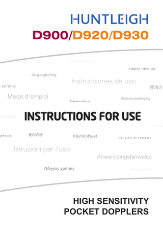 Table of Contents Doppler Measurement Sites and Recommended Probes ... 3 1. Safety ... 4 1.1 1.2  Warnings... 4 Patient Applied Parts ... 5  2. Introduction ... 6 2.1 2.2 2.3 2.4  Unpacking / Preliminary Checks ... 6 Battery Insertion / Relacement ... 6 Product Controls... 7 Product Labelling... 7  3. Operation ... 9 3.1 3.2 3.3  Vascular Mode (D900 Only) ... 9 Obstetric Mode ... 10 After Use ... 11  4. Care and Cleaning ... 12 4.1 4.2 4.3 4.4  General Care... 12 General Cleaning and Disinfecting ... 13 Cleaning and Disinfecting Patient Applied Parts ... 13 Maintenance and Repair... 14  5. Specifications ... 15 5.1 5.2 5.3 5.4  Equipment Classification ... 15 Standards Compliance ... 15 General ... 16 Environmental ... 16  6. End of Life Disposal... 17 7. Warranty & Service ... 18  