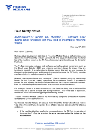 multiFiltratePRO Field Safety Notice 