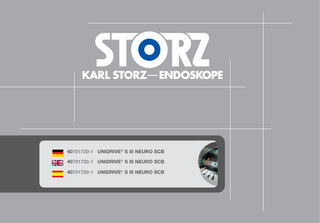 Inhalt  Table of contents  Contenido del manual  1  1  1  Wichtiger Hinweis für die Benutzer von KARL STORZ Geräten... III 2 Geräteabbildungen... V 3 Bedienungselemente, Anzeigen, Anschlüsse und ihre Funktion... VI 4 Symbolerläuterungen... VIII 5 Allgemeines...4 5. 1 Systembeschreibung...4 12. 3 System description...4 12. 4 Descripción del sistema...4 6 Sicherheitshinweise...6 6. 1 Erklärung zu Warn- und Vorsichtshinweisen...6 6. 2 Zweckbestimmung...9 6. 3 Qualifikation des Anwenders...9 6. 4 Sicherheitsvorkehrungen am Aufstellort...10 6. 5 Sicherheitsmaßnahmen beim Einsatz des Systems...10 7 Bedienungshinweise...11 7. 1 Auspacken...11 7. 2 Grundausstattung...11 7. 3 Aufstellen und Anschließen des Gerätes...12 7. 4 KARL STORZ SCB ...13 7. 5 Fußschalter anschließen...13 7. 6 Applikationsinstrumente (Motor bzw. Shaverhandstück) anschließen...14 7. 7 Kühl- und Spülpumpe...14 7. 8 Schlauchset vorbereiten ...15 7. 9 Pumpenschlauch einlegen...16 7. 10 Inbetriebnahme...20 7. 11 Funktion UNIDRIVE® S III NEURO SCB...20 7. 12 Sprache auswählen...21 7. 13 Motoranschluss auswählen ...22 7. 14 Übersicht Applikationsinstrumente ...22 8 Betriebsmodus konfigurieren...24 8. 1 Betriebsmodus: EC-Mikromotor II...24 8. 1. 1 Applikationshandstück: Bohrer 40k...24 8. 1. 2 Betriebsmodus/Applikationshandstück: Bohrer 80k...28 8. 1. 3 Applikationshandstück: Intranasal Drill...29 1  Important information for users of KARL STORZ devices... III 2 Images of the device... V 3 Controls, displays, connectors, and their uses... VI 4 Symbols employed... VIII 5 General information...4 6 Safety Instructions...6 6. 1 Explanation of warnings and cautions...6 6. 2 Intended use...9 6. 3 User qualifications...9 6. 4 Safety precautions at the site of installation...10 6. 5 Safety precautions when o ­ perating the system...10 7 Operating instructions...11 7. 1 Unpacking the device...11 7. 2 Basic equipment...11 7. 3 Installing and connecting the device...12 7. 4 KARL STORZ SCB ...13 7. 5 Connecting the footswitch...13 7. 6 Connecting the application instruments (motor or shaver handpiece)...14 7. 7 Coolant and irrigation pump...14 7. 8 Preparing the tubing set...15 7. 9 Inserting the pump tube...16 7. 10 Initial operation...20 7. 11 UNIDRIVE® S III NEURO SCB function...20 7. 12 Selecting a language...21 7. 13 Selecting the motor connection...22 7. 14 Overview of application instruments...23 8 Configuring the operating mode...24 8. 1 Operating mode: EC micromotor II...24 8. 1. 1 Application handpiece: Drill 40k...24 8. 1. 2 Operating mode/application handpiece: Drill 80k...28 8. 1. 3 Application handpiece: Intranasal drill...29  Indicaciones importantes para los usuarios de aparatos KARL STORZ... III 2 Imágenes del equipo... V 3 Elementos de control, indicadores, conexiones y sus funciones... VI 4 Explicación de los símbolos... VIII 5 Generalidades...4 6 Instrucciones de seguridad...6 6. 1 Explicación referente a las indicaciones de alarma y advertencia...6 6. 2 Uso previsto...9 6. 3 Cualificación del usuario...9 6. 4 Medidas de seguridad en el lugar de emplazamiento...10 6. 5 Medidas de seguridad durante el empleo del sistema...10 7 Instrucciones operativas...11 7. 1 Desembalaje...11 7. 2 Equipamiento básico...11 7. 3 Montaje y conexión del aparato...12 7. 4 KARL STORZ SCB...13 7. 5 Conexión del interruptor de pedal...13 7. 6 Conectar instrumentos de aplicación (motor o pieza manual del Shaver)...14 7. 7 Bomba de refrigeración y de irrigación...14 7. 8 Preparar el set de tubos flexibles...15 7. 9 Instalar el tubo de la bomba...16 7. 10 Puesta en marcha...20 7. 11 Funciones UNIDRIVE® S III NEURO SCB...20 7. 12 Seleccionar idioma...21 7. 13 Seleccionar la conexión de motor...22 7. 14 Sinopsis de los instrumentos de aplicación...23 8 Configurar el modo de servicio...24 8. 1 Modo de servicio: Micromotor EC II...24 8. 1. 1 Pieza manual de aplicación: broca 40k...24 8. 1. 2 Modo de servicio/pieza manual de aplicación: broca 80k...28 8. 1. 3 Pieza manual de aplicación: drill intrasanal...29  