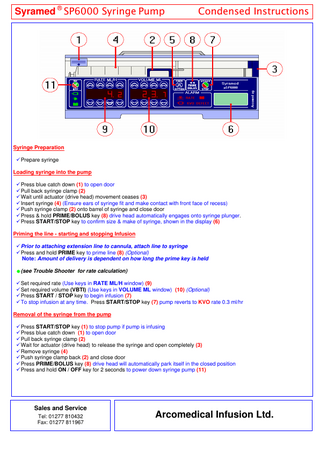 Syramed ® SP6000 Syringe Pump Condensed Instructions Syringe Preparation 9 Prepare syringe Loading syringe into the pump 9 Press blue catch down (1) to open door 9 Pull back syringe clamp (2) 9 Wait until actuator (drive head) movement ceases (3) 9 Insert syringe (4) (Ensure ears of syringe fit and make contact with front face of recess) 9 Push syringe clamp (2) onto barrel of syringe and close door 9 Press & hold PRIME/BOLUS key (8) drive head automatically engages onto syringe plunger. 9 Press START/STOP key to confirm size & make of syringe, shown in the display (6) Priming the line - starting and stopping Infusion 9 Prior to attaching extension line to cannula, attach line to syringe 9 Press and hold PRIME key to prime line (8) (Optional) Note: Amount of delivery is dependent on how long the prime key is held (see Trouble Shooter for rate calculation) 9 Set required rate (Use keys in RATE ML/H window) (9) 9 Set required volume (VBTI) (Use keys in VOLUME ML window) (10) (Optional) 9 Press START / STOP key to begin infusion (7) 9 To stop infusion at any time. Press START/STOP key (7) pump reverts to KVO rate 0.3 ml/hr Removal of the syringe from the pump 9 Press START/STOP key (1) to stop pump if pump is infusing 9 Press blue catch down (1) to open door 9 Pull back syringe clamp (2) 9 Wait for actuator (drive head) to release the syringe and open completely (3) 9 Remove syringe (4) 9 Push syringe clamp back (2) and close door 9 Press PRIME/BOLUS key (8) drive head will automatically park itself in the closed position 9 Press and hold ON / OFF key for 2 seconds to power down syringe pump (11) Sales and Service Tel: 01277 810432 Fax: 01277 811967 Arcomedical Infusion Ltd.