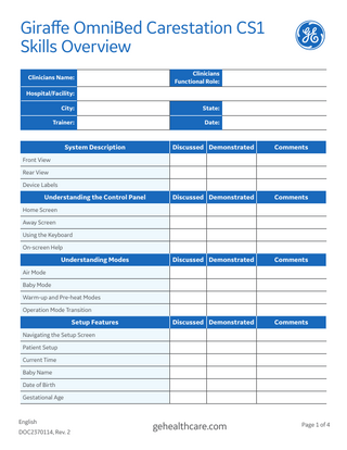 Giraffe OmniBed Carestation CS1 Skills Overview Rev 2