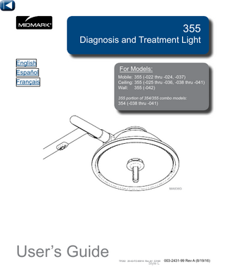 Midmark 354 and 355 Series Diagnosis and Treatment Light Rev A Users Guide Aug 2016