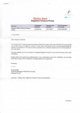 SAPPHIRE Infusion Pump Field Safety Notice Dec 2016