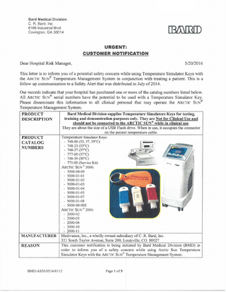 ARCTIC SUN Urgent Customer Notification May 2016