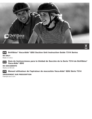 EN  ENGLISH...  EN-2  ES  ESPAÑOL...  ES-11  FR  Français...  FR-21  Table of Contents IEC Symbols...  EN - 2  Important Safeguards...  EN - 2  International Travel...  EN - 3  Introduction...  EN - 3  Accessory/Replacement Items...  EN - 3  Important Parts of Your 7314 Series DeVilbiss Suction Unit...  EN - 4  Set-Up & Operation...  EN - 5  Battery Charging & Filter Maintenance ...  EN - 6  Cleaning Instructions...  EN - 7  Troubleshooting...  EN - 8  Provider’s Notes...  EN - 9  Specifications/Classifications...  EN - 9  Guidance and Manufacturer’s Declaration... EN - 10  SYMBOL DEFINITIONS Attention, consult instruction guide  Center positive polarity indicator  Battery charging  Consult instructions for use  Type BF equipment-applied part  Low battery  Date of manufacture  “On” compressor  Keep dry  Direct current  “Off” compressor (external battery charging)  Do not get wet  Alternating current  External power  Federal (U.S.A.) law restricts this device to sale by or on the order of a physician.  Choking Hazard – Small parts not for children under 3 years or any individuals who have a tendency to place inedible object in their mouths. IP12  Protected against solid foreign objects of ≥ 50 mm AND vertically falling water drops when enclosure is tilted up to 15° This device contains electrical and/or electronic equipment that must be recycled per EU Directive 2012/19/EU- Waste Electrical and Electronic Equipment (WEEE)  IMPORTANT SAFEGUARDS When using electrical products, especially when children are present, basic safety precautions should always be followed. Read all instructions before using. Important information is highlighted by these terms: DANGER– Urgent safety information for hazards that will cause serious injury or death. WARNING– Important safety information for hazards that might cause serious injury. CAUTION– Information for preventing damage to the product. NOTE– Information to which you should pay special attention.  READ ALL INSTRUCTIONS BEFORE USING THIS DEVICE.  SAVE THESE INSTRUCTIONS. DANGER To reduce the risk of electrocution: 1. Do not use while bathing. 2. Do not place or store product where it can fall or be pulled into a tub or sink. 3. Do not place in or drop into water or other liquid. 4. Do not reach for a product that has fallen into water. Unplug immediately. warning EN - 2  A-7314  
