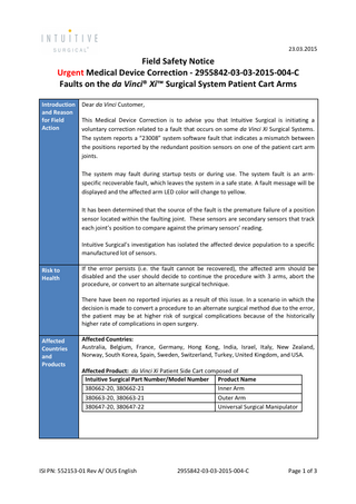 ad Vinci Xi Surgical System Patient Cart Arms Urgent Medical Device Correction March 2015