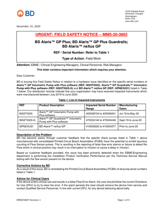 Alaris neXus GP Urgent Field Safety Notice Nov 2020 PCB Issue related to flow errors 