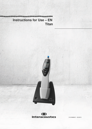 Table of contents 1  Introduction ...1 1.1 About this Manual ...1 1.2 Intended Use ...1 1.3 Product Description ...1 1.3.1 1.3.2 1.3.3  1.4 2  Warnings ...4  Unpacking and Installation ...5 2.1 Unpacking and Inspection ...5 2.2 Markings ...6 2.3 Hardware installation ...6 2.4 Installing the cradle ...9 2.6 Cradle Indication Lights ... 12 2.7 Calibration Cavities and Issues ... 12 2.8 Installing the Sanibel MPT-II Thermal Printer ... 13 2.9 Installing Bluetooth for direct printing with HP Officejet 100 Mobile Printer or a thermal printer ... 15 2.10 Installing Titan and its battery ... 15 2.10.1 2.10.2  2.11 2.12 2.13 2.14 2.15 2.16 2.17 2.18 2.19 2.20 2.21 2.22 2.23 3  Probe, Transducers and Cable Configurations ... 3 The PreAmplifer Cable ...3 Contra Phone (for acoustic reflexes only)...3  Charging the Battery ... 16 Battery Lifetime and Charging Time ... 16  Changing Probes and Extension Cords on the Titan... 17 Connecting transducers to the shoulder box and PreAmplifier ... 18 Placing and using the Long Clinical Extension Cable (Shoulder Box) or PreAmplifier Cable ... 18 Placing the Montage-Indication Stickers on the PreAmplifier ... 19 Use of the EARTone ABR Transducer with Ear tips, Foam Inserts or EarCups (ABRIS440 only) ... 20 Safety Precautions to take when connecting the Titan. ... 21 Software Installation ... 27 Installation of the Driver ... 29 Standalone Installation of Titan Suite ... 30 License ... 30 Creating a Bluetooth connection for PC controlled measurements ... 30 Bluetooth Installation Quick Guide (Win 7) ... 31 Bluetooth Installation Quick Guide (Win XP) ... 33  Operating Instructions ... 37 3.1 Handling and selection of ear tips ... 38 3.2 Switching the Titan on and off... 39 3.3 Probe Status ... 39 3.4 Titan Handheld Operation Panel... 39 3.5 Operating Titan in Handheld Mode ... 40 3.5.1 3.5.2 3.5.3 3.5.4 3.5.5 3.5.6 3.5.7 3.5.8 3.5.9 3.5.10 3.5.11  Startup ... 40 Battery ... 40 Test Screen ... 40 Done Screen ... 42 Select Client & Save ... 43 Edit New Screen... 44 View Clients Screen ... 44 View Details Screen ... 45 Edit Details Screen ... 45 View Sessions Screen ... 45 View Session Screen ... 46  