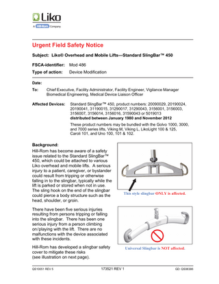 Standard SlingBar 450 Urgent Field Safety Notice July 2013