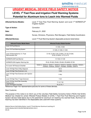 LEVEL 1 Fast Flow and Irrigation Fluid System Urgent Medical Device Field Safety Notice Feb 2022