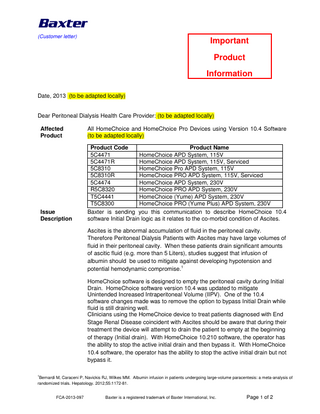 HOMECHOICE and HOMECHOICE PRO Field Safety Notice 2013