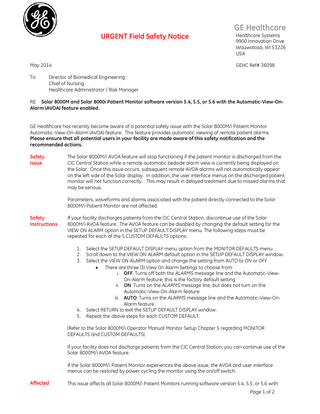 Solar 8000M-i AVOA feature Urgent Field Notice May 2014