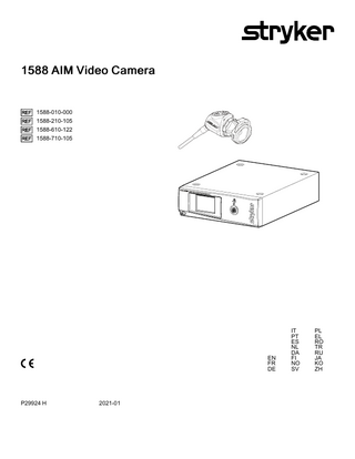 Table of Contents Warnings and Cautions ...2 Cautions...2 Warnings: General ...2 Warnings: ENV Mode ...3 Warnings: Operating a Light Source ...4 Product Description and Intended Use...5 Indications ...5 The Camera Console ...6 Front Panel ...6 Rear Panel...7 The Camera Head...8 The C-Mount Coupler ...8 Setup ...10 Setting Up the Console ...10 Wiring Diagram ...11 Setting Up the Camera Head ...12 Setting Up the Coupler ...12 Installing the Soaking Cap ...13 Operation ...14 Powering the Console On/Off ...14 Controlling Remote Video Accessories ...14 Using the Camera Head Buttons ...14 P (Picture) Button ...15 W (White Balance) Button ...15 Up and Down Buttons ...16 Programming Camera Head Buttons ...17 Using the Touchscreen Interface ...19 Home Screen ...19 Menu Screen...20 DRE Mode Screen...20 Using the Camera in ENV Mode ...21 Performing the White Balance Test...22 Advanced Features ...22 Troubleshooting...24 Processing ...28 Cleaning the Console ...28 Cleaning, Disinfecting, and Sterilizing the Camera Head ...28 Maintenance ...29 Inspection...29 Inspecting the Console...29 Inspecting the Camera Head ...29 Inspecting the Coupler ...29 Using Sterile Drapes...30 Storage ...30 Replacing the Fuses...30 Periodic Maintenance Schedule ...30 Expected Service Life ...30 Disposal ...30 Adverse Event Reporting ...31 Recycling Diagrams ...31 Console ...31 Camera Head...32 Technical Specifications ...33 Electromagnetic Compatibility ...34 Symbol Definitions ...41  P29924 H  1  EN  