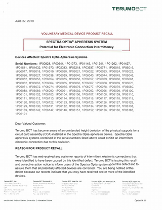 Terumo SpectraOptia Voluntary Medical Device Product Recall June 2019