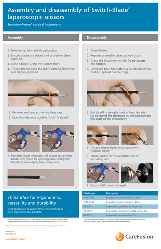 Assembly and disassembly of Switch-Blade laparoscopic scissors ® ® Snowden-Pencer surgical instruments Assembly Disassembly 1. Remove tip from sterile packaging. 1. Close blades. 2. Ensure blades are closed and protective clear cap is on. 2. Replace protective clear cap on scissors. 3. Close handle. Grasp instrument shaft. 3. Grasp the instrument shaft. Do not grasp the handle. 4. Thread the tip onto the shaft, turning clockwise, and tighten by hand. 4. Unthread tip from shaft in a counterclockwise motion. Spread handle rings. 5. Remove and save protective clear cap. 5. Pull tip off in straight motion from the shaft. Do not bend the tip down as this can damage the shaft of the instrument. 6. Open handle until audible “click” is heard. “click” 6. Discard scissor tip in accordance with hospital policy. 7. Perform visual inspection of blades to confirm blades will move by opening and closing the handle and verifying the connection. 7. Open handle for visual inspection of actuating rod. 8. Ensure ball is not damaged. Think Blue for ergonomics, versatility and durability. Next generation Snowden-Pencer instruments all have ergonomic blue handles. For more information or to place an order, please contact your V. Mueller /Snowden-Pencer sales representative, call customer service at 800.323.9088 or visit carefusion.com/thinkblue. ® © 2011 CareFusion Corporation or one of its subsidiaries. All rights reserved. V. Mueller, Snowden-Pencer and Switch-Blade are trademarks or registered trademarks of CareFusion Corporation or one of its subsidiaries. VM0929 (1111/500) CareFusion Waukegan, IL carefusion.com Catalog no. Description SP90-1053 Reusable handle and shaft, 36cm SP90-1253 Reusable handle and shaft, 45cm 89-5103 Disposable curved METZ scissor tip 89-5303 Disposable curved mini-METZ scissor tip 89-5115 Disposable straight scissor tip These instructions are intended as a reference. Please read the complete Instructions for Use that come with the Switch-Blade scissors for more detailed directions.