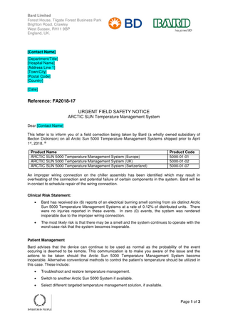 ARCTIC SUN 5000 system Urgent Field Safety Notice June 2018