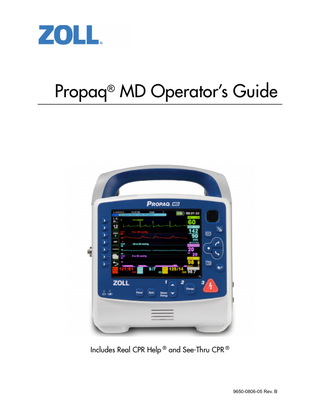 TABLE OF CONTENTS  Table of Contents Chapter 1  General Information  Product Description ... 1-1 Propaq MD Optional Features ... 1-2 How to Use This Manual... 1-3 Operator’s Guide Updates ... 1-3 Unpacking... 1-3 Symbols Used on the Equipment ... 1-3 Conventions ... 1-7 Propaq MD Indications for Use ... 1-7 Manual Defibrillation ... 1-8 Semiautomatic Operation (AED) ... 1-8 ECG Monitoring ... 1-9 CPR Monitoring ... 1-9 External Transcutaneous Pacing ... 1-9 Non-Invasive Blood Pressure Monitoring ... 1-9 Temperature Monitoring ... 1-9 SpO2 Monitoring ... 1-10 Respiration Monitoring ... 1-10 CO2 Monitoring ... 1-10 Invasive Pressure Monitoring ... 1-10 12-Lead Analysis ... 1-10 Propaq MD Product Functions... 1-11 Defibrillator Function ... 1-11 Defibrillator Output Energy ... 1-11 External Pacemaker ... 1-11 ECG Monitoring ... 1-11 Electrodes ... 1-12 Batteries ... 1-13 Ready For Use (RFU) Indicator ... 1-14 Safety Considerations... 1-15 Warnings... 1-15 General ... 1-15 ECG Monitoring ... 1-17 Defibrillation ... 1-18 Pacing ... 1-19 CPR ... 1-20 Pulse Oximeter ... 1-20 Noninvasive Blood Pressure ... 1-21 IBP ... 1-21 CO2 ... 1-22 Respiration ... 1-22 Ferromagnetic Equipment ... 1-22  9650-0806-05 Rev. B  Propaq MD Operator’s Guide  i  