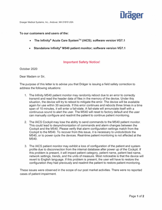 The Infinity Acute Care System and M540 Monitor Sw Ver VG7.1 Important Safety Notice Oct 2020