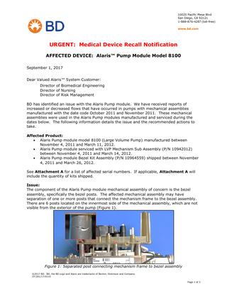 Model 8100 Pump Urgent Medical Device Recall Notification Sept 2017