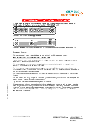 ACUSON SC2000 Customer Safety Advisory Notification April 2018