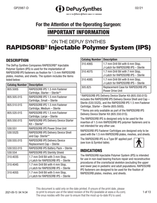 GP2987-D 02/21 For the Attention of the Operating Surgeon: IMPORTANT INFORMATION ON THE DEPUY SYNTHES RAPIDSORB® Injectable Polymer System (IPS) DESCRIPTION The DePuy Synthes Companies RAPIDSORB® Injectable Polymer System (IPS) is used for the implantation of RAPIDSORB IPS fasteners as fixation for 1.5 mm RAPIDSORB plates, meshes, and sheets. The system includes the items listed below: Catalog Number Description 805.500S RAPIDSORB IPS 1.5 mm Fastener Cartridge, Starter – Sterile** 805.505.01S RAPIDSORB IPS 1.5 mm Fastener Cartridge, Small – Sterile 805.510.01S RAPIDSORB IPS 1.5 mm Fastener Cartridge, Medium – Sterile 805.520.01S RAPIDSORB IPS 1.5 mm Fastener Cartridge, Large – Sterile 805.550.01S RAPIDSORB IPS Delivery Device Starter Kit – Sterile* 530.551 RAPIDSORB IPS Power Drive Unit 530.552S RAPIDSORB IPS Delivery Device Shell and Cap- Sterile** 530.555.01S RAPIDSORB IPS Delivery Device Replacement Cap – Sterile 530.553.01S RAPIDSORB IPS Battery Pack – Sterile 530.554 RAPIDSORB IPS Sterility Shield 310.403S 1.7 mm Drill Bit with 3 mm Stop, J-Latch for RAPIDSORB IPS – Sterile 310.404S 1.7 mm Drill Bit with 4 mm Stop, J-Latch for RAPIDSORB IPS – Sterile 310.405S 1.7 mm Drill Bit with 5 mm Stop, J-Latch for RAPIDSORB IPS – Sterile 2021-05-13 04:14:34 Catalog Number Description 310.406S 1.7 mm Drill Bit with 6 mm Stop, J-Latch for RAPIDSORB IPS – Sterile 310.407S 1.7 mm Drill Bit with 7 mm Stop, J-Latch for RAPIDSORB IPS – Sterile 310.408S 1.7 mm Drill Bit with 8 mm Stop, J-Latch for RAPIDSORB IPS – Sterile 305.825 Replacement Case for RAPIDSORB IPS Power Drive Unit * RAPIDSORB IPS Delivery Device Starter Kit (805.550.01S) includes the RAPIDSORB IPS Delivery Device Shell and Cap – Sterile (530.552S), and the RAPIDSORB IPS 1.5 mm Fastener Cartridge, Starter – Sterile (805.500S). ** Items are only available as part of the RAPIDSORB IPS Delivery Device Starter Kit (805.550.01S). The RAPIDSORB IPS is designed only to be used for the insertion of 1.5 mm RAPIDSORB IPS polymer fasteners and is not intended for any other use. RAPIDSORB IPS Fastener Cartridges are designed only to be used with the 1.5 mm RAPIDSORB plates, meshes, and sheets. The RAPIDSORB IPS is a Type BF applied part (see Icon & Symbol table). INDICATIONS The RAPIDSORB Injectable Polymer System (IPS) is intended for use in non-load bearing fracture repair and reconstructive procedures of the craniofacial skeleton (excluding the upper and lower jaw) in pediatric and adult populations. RAPIDSORB IPS fasteners are designed to be used for the fixation of RAPIDSORB plates, meshes, and sheets. This document is valid only on the date printed. If unsure of the print date, please re-print to ensure use of the latest revision of the IFU (available at www.e-ifu.com). The onus resides with the user to ensure that the most up-to-date IFU is used. 1 of 13