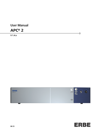 Table of Contents  Table of Contents  1  Safety Instructions... 7 Intended use... 7 Combination with other equipment... 7 Safety notations... 7 Meaning of the note... 7 Who must read this User Manual?... 7 Compliance with safety information... 8 Structure of safety instructions... 8 Operating errors and incorrect installation by persons without training... 8 Risks due to the environment... 9 Electric shock... 10 Fire / explosion... 11 Burns... 12 Risks due to incorrect use of the return electrode... 16 Defective unit... 16 Interference caused by the unit... 17 Damage to the unit and accessories... 18 Notes... 19  2  Additional safety instructions for APC... 21  80110-201  06.13  Fire / explosion... 21 Burns... 22 Risks due to gas embolisms or excessive intraluminal gas pressure... 22 Risk of infection... 23 Risks due to the pressure gas bottle... 23  3  Description of the Controls... 25 Controls... 25 Controls on the front panel... 25 Controls on the back... 26  4  Working with the APC 2 (in combination with a VIO from the D series)... 27 Preparations for start-up... 27 Setup parameters on the APC 2... 27  5  Working with the APC 2 (in combination with a VIO from the S series)... 29 Preparations for start-up... 29 Setup parameters on the APC 2... 29  6  Description of receptacle hardware... 31 Socket combinations on the APC module... 31 Purchasing further receptacles... 31 APC socket module... 32  5 / 58  