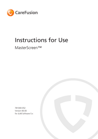 Table of Contents On this Manual ... 5 Practical Hints ... 8 Symbols for Notes on Safety in Instruction Manuals ... 9 Declaration of Conformity ... 9 The MasterScreen Family ... 10 Technical Data ... 21 Switching on/off MasterScreen ... 28 Automatic Self-Test ... 29 LabManager ... 30 Description of Calibration and Measurement Programs ... 33 Ambient Conditions ... 33 Volume Calibration ... 34 Box Calibration ... 38 Gas Analyzer Calibration ... 39 Patient Data ... 41 Measurement Program Spirometry/Flow-Volume ... 44 Measurement Program R OCC ... 50 Measurement Program Rhinomanometry ... 51 Measurement Program Resp. Drive, Resp. Muscle Strength ... 55 Measurement Program IOS ... 58 Measurement Program Bodyplethysmography ... 62 Measurement Program Compliance ... 64 Measurement Program Diffusion Single Breath ... 69 Measurement Program Diffusion Single Breath (RT) - Option ... 71 Measurement Program Diffusion Intrabreath - Option ... 74 Measurement Program Diffusion NO-Membrane - Option ... 78 Measurement Program Diffusion Rebreathing (Option) ... 82 Measurement Program FRC-He Rebreathing ... 86 Resting and Stress ECG ... 89 Resting ECG ... 93 Stress ECG ... 96 Bronchial Test ... 100 Output ... 108 Hygiene for MasterScreen ... 112 Detailed User Manual on Hard Disk ... 120  Page 6/150  Version 06.00 • 2010-02-23  