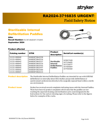 Sterilizable Internal Defib Paddles Urgent Field Safety Notice 