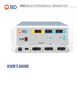 TABLE OF CONTENTS  Equipment Covered in this Manual...iii For Information Contact ...iii Conventions Used in this Guide ...iii  Introducing the BD ESU-1 ...1-1 Indications for Use ...1-2 Operating Principle...1-2 Intended Use...1-2 Safety ...1-2 Contraindications...1-6 Application Specification ...1-6 Key Features...1-7 Components and Accessories...1-9 Additional Accessories ...1-9  Controls, Indicators, and Receptacles...2-1 Front Panel...2-2 Symbols on the Front Panel...2-2 Preset Controls...2-4 Monopolar Power Output Modes ...2-5 Coag Controls ...2-6 Bipolar Mode and Auto Bipolar Controls...2-7 Indicators...2-8 Power Switch and Receptacles...2-9 Rear Panel ...2-10 Symbols on the Rear Panel ...2-10  Getting Started ...3-1 Initial Inspection ...3-2 Installation ...3-2 Function Checks...3-2 Setting Up the Unit ...3-2 Checking the Return Electrode Alert...3-2 Preliminary Performance Checks...3-3  Using the BD ESU-1...4-1 Inspecting the Generator and Accessories ...4-2 Setup Safety...4-2 Confirming Modes ...4-3 Checking Bipolar Mode (with bipolar footswitch) ...4-3 Checking Monopolar Mode (with monopolar footswitch) ...4-4 Checking Monopolar Mode (with handpiece)...4-4 Setting Up for Surgery...4-4 Preparing for Monopolar Surgery...4-5 Applying the Return Electrode ...4-5 Selecting and Adjusting the Power...4-5 Connecting Accessories ...4-6 Blend Controls...4-6 Preparing for Bipolar Surgery...4-6 Virtual Ammeter...4-6 Setting and Recalling Presets...4-7 Presets ...4-7 Preset Function Overview ...4-7 Setting Your Presets...4-8 iv  BD  