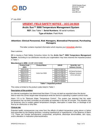 ARTIC Sun 5000 Urgent Field Safety Notice 