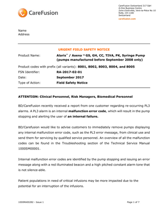 Alaris Syringe Pump Urgent Field Safety Notice Sept 2017