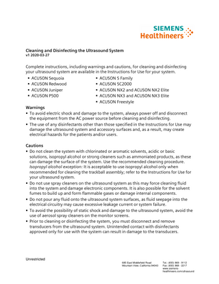 Cleaning and Disinfecting the Ultrasound System Quick Reference Guide V1 March 2020