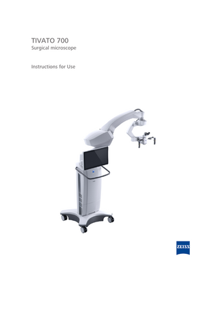Instructions for Use TIVATO 700  Table of contents  Table of contents 1  Notes on Instructions for Use... 9  1.1  Device name ... 9  1.2  Area of application ... 9  1.3  Purpose and storage of the documentation ... 9  1.4  Questions and comments ... 9  1.5 1.5.1 1.5.2  Conventions in this document ... 9 Conventions in all text areas... 10 Conventions in a course of action... 10  1.6  Other applicable documents ... 11  2  Safety notes ... 13  2.1  Target group ... 13  2.2  Area of use ... 13  2.2.1 2.2.2 2.2.3  Intended use ... 13 Normal use... 13 Risk of burn injuries caused by high illumination intensity ... 14  2.3 2.3.1 2.3.2  Responsibilities and duties of the operator ... 16 Requirements for the network connection... 19 Messages to manufacturer and authorities ... 20  2.4  Measures and duties of the operator... 20  2.5  Electromagnetic compatibility ... 22  3  Description of the device... 23  3.1  Marking on the device... 23  3.2  Labeling on packaging ... 27  3.3 3.3.1 3.3.2 3.3.3 3.3.4 3.3.5 3.3.6  Structure of the device ... 29 Device overview ... 29 Surgical microscope overview... 30 14-function foot control panel ... 33 Stand base ... 33 Overview of connector panel... 34 Overview of video connector panel ... 35  3.4 3.4.1 3.4.2 3.4.3 3.4.4 3.4.5 3.4.6 3.4.7 3.4.8 3.4.9  Control elements and displays ... 37 Screen keyboard... 37 Display: Editing... 37 Online help... 38 Surgical microscope control elements... 39 Foldable tube control elements ... 40 Tiltable tube control elements ... 41 Controls for widefield eyepieces ... 42 Controls of handgrips... 43 14-function foot control panel ... 44  G-30-2032-en - 2.0 - 2018-08-13  3 / 208  
