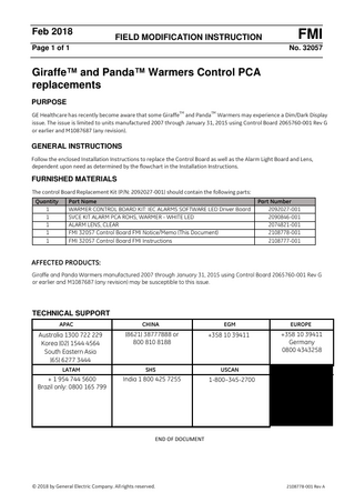 Giraffe and Panda Warmers Control PCA Field Modification Instruction Feb 2018