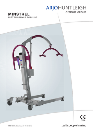 Table of Contents Foreword  5  Safety instructions  6  Intended use  6  Preparation  8  Actions before using it for the first time  8  Actions before every use  8  Product description / function  9  Parts  9  Remote control  10  Additional control panel  10  Emergency Stop button (red)  10  Restart button (green)  10  Overload protection  10  Emergency Lowering button in the event of system failure  10  Battery Discharged indicator  11  Braked castors  11  Adjustable chassis legs  11  Slings Using your MINSTREL & sling  12 13  Preparation  13  General warnings to be read before approaching the patient  13  Lifting from a chair  13  Putting back onto a chair  15  Lifting from a bed  15  Putting back onto a bed  16  Lifting a patient from the floor  16  Battery and battery charger  17  Maintaining your MINSTREL and slings  19  General maintenance and cleaning instructions for your MINSTREL  19  Maintenance recommendations for slings  19  Preventive maintenance schedule  20  Labels  22  Technical specifications  23  Hoist dimensions  25  Problem description / Problem solving  26  