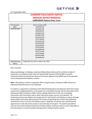 CARDIOSAVE Urgent Field Safety Notice Medical Device Removal Sept 2021