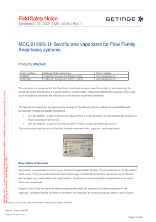 SAFE-T-SEAL Sevoflurane Vaporizer Field Safety Notice Nov 2021