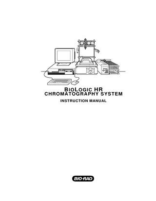 TABLE OF CONTENTS  TABLE OF CONTENTS  Safety  SECTION 1. Chapter 1.0 1.1 1.2 1.3 1.4  SYSTEM OVERVIEW Introduction ...1 Overview ...1 Features ...2 Unpacking ...3 Description of System Components...3  Chapter 2.0 2.1 2.2 2.3  Description of the BioLogic HR System Components...7 Controller...7 Workstation ...9 UV and Conductivity Detectors ...13 2.3.1 UV Detector...14 2.3.2 Conductivity Monitor...15 2.4 Bio-Rad System Options...16 2.4.1 Signal Import Module - HR (SIM-HR) ...16 2.4.2 pH Monitor...17 2.4.3 Dyna Loop Large Sample Volume Loop ...17 2.4.4 Model EP-1 Econo Pump...18 2.4.5 Model 2110 Fraction Collector ...19 2.4.6 Model 2128 Fraction Collector ...20 2.4.7 Model 1327 Chart Recorder...21 2.4.8 BioLogic HR Enviro-Case ...22 2.4.9 Uninterruptible Power Supply...22 2.4.10 AS-100 Auto Sampler...22 2.5 Non-Bio-Rad System Options ...23 2.5.1 Generic Fraction Collectors...23 2.5.2 Generic Chart Recorders ...23 2.5.3 Printers ...23 2.6 Columns and Column Fittings...24 2.6.1 Anion Exchange: Q-Strong Anion Exchange ...24 2.6.2 Anion Exchange: S-Strong Cation Exchange ...24 2.6.3 Anion Exchange: DEAE Weak Anion Exchange...25 2.6.4 Anion Exchange: Carboxy Methyl (CM) Weak Cation Exchange ...25 2.6.5 Ceramic Hydroxyapatite (CHT) ...25 2.6.6 Size Exclusion Chromatography (SEC) ...26 2.6.7 High Pressure Reversed Phase Columns ...26 2.6.8 Hydrophobic Interaction Chromatography (HIC)...26 2.6.9 Affinity Chromatography...27 2.6.10 Empty Columns...27 2.6.11 Column Fittings ...28  i  