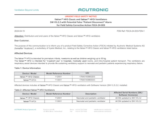 fabian HFO Classic and HFOi Ventilator Urgent Field Safety Notice