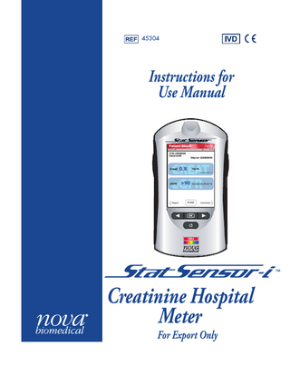 Instructions for Use Manual Table of Contents 4 Docking/Charging Station... 4-1 5 Linearity Test... 5-1 5.1 6 Maintenance... 6-1 6.1 6.2 6.3 7 Meter Screen Alerts...7-1 Appendix... A-1 A.1 A.2 A.3 A.4 A.5 A.6 A.7 A.8 TOC-2 Charging the Meter...6-1 Changing the Battery...6-2 Cleaning the Meter...6-4 Troubleshooting... 7-1 7.1 A Running a Linearity Test...5-1 Creatinine Meter Specifications...A-1 Controls/Linearity Solutions...A-2 Barcode Scanner...A-3 Reference Values...A-4 Ordering Information...A-4 Theory...A-5 A.6.1 Creatinine...A-5 Calculations for Estimated Glomerular Filtration Rate( eGFR) as an Indicator of Creatinine Clearance(CrCl)for Adults...A-6 A.7.1 Estimated Glomerular Filtration Rate (eGFR) Using the MDRD Equation for Adults...A-6 A.7.2 Estimated Glomerular Filtration Rate(eGFR) Using Cockcroft-Gault Equation for Adults...A-7 Warranty...A-8
