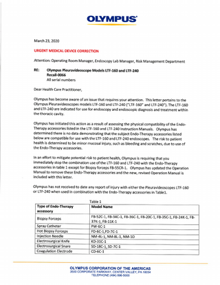 Olympus Plueravideoscopes LTF-160 and 240 Urgent Medical Device Correction March 2020