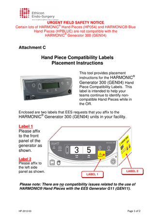 HARMONIC Hand Pieces HP054 and HPBLUE Urgent Field Safety Notice March 2012