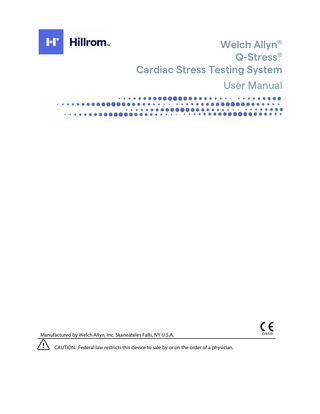 TABLE OF CONTENTS 1.  NOTICES ... 6 MANUFACTURER’S RESPONSIBILITY ...6 RESPONSIBILITY OF THE CUSTOMER ...6 EQUIPMENT IDENTIFICATION ...6 COPYRIGHT AND TRADEMARK NOTICES ...6 OTHER IMPORTANT INFORMATION...7 NOTICE TO EU USERS AND/OR PATIENTS ...7  2.  WARRANTY INFORMATION ... 8 YOUR WELCH ALLYN WARRANTY...8  3.  USER SAFETY INFORMATION ...10 WARNINGS...10 CAUTIONS ...13 NOTE(S) ...14  4.  EQUIPMENT SYMBOLS AND MARKINGS ...16 DEVICE SYMBOL DELINEATION ...16 PACKAGE SYMBOL DELINEATION...18  5.  GENERAL CARE ...19 PRECAUTIONS ...19 INSPECTION ...19 CLEANING AND DISINFECTING ...19 CAUTIONS ...20 DISPOSAL ...20  6.  ELECTROMAGNETIC COMPATIBILITY (EMC) ...22 GUIDANCE AND MANUFACTURER’S DECLARATION: ELECTROMAGNETIC EMISSIONS ...23 GUIDANCE AND MANUFACTURER’S DECLARATION: ELECTROMAGNETIC IMMUNITY...23 GUIDANCE AND MANUFACTURER’S DECLARATION: ELECTROMAGNETIC IMMUNITY...24 RECOMMENDED SEPARATION DISTANCES BETWEEN PORTABLE AND MOBILE RF COMMUNICATIONS EQUIPMENT AND THE EQUIPMENT ...25  7.  INTRODUCTION ...26 MANUAL PURPOSE ...26 AUDIENCE ...26 INDICATIONS FOR USE ...26 SYSTEM DESCRIPTION ...27 MISCELLANEOUS SYSTEM INFORMATION ...28 ABOUT THE Q-STRESS ...28 Q-STRESS ECG ACQUISITION DEVICES AND ACCESSORIES ...30 SUPPORTED TREADMILLS...31 SUPPORTED ERGOMETERS ...31 SUPPORTED AUTOMATIC BLOOD PRESSURE DEVICES ...31 Q-STRESS SOFTWARE INSTALLATION PROCESS...31 FEATURE ACTIVATION ...35 STARTING THE Q-STRESS WORKSTATION ...35 Q-STRESS LOGIN AND MAIN DISPLAY ...35  1  