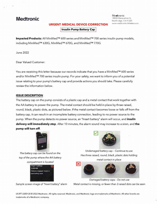 Medtronic MiniMed series Urgent Medical Device Correction Battery cap issue June 2022