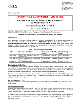 Alaris Volumetric Pump Urgent Field Safety Notice Nov 2020 - Possible hardware failure