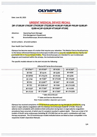 OLYMPUS Bronchoscopes Urgent Medical Device Recall